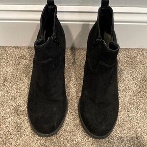 R2 Black Faux Suede Bootie Heels with Zipper and Elastic for Comfort - Size 8.5